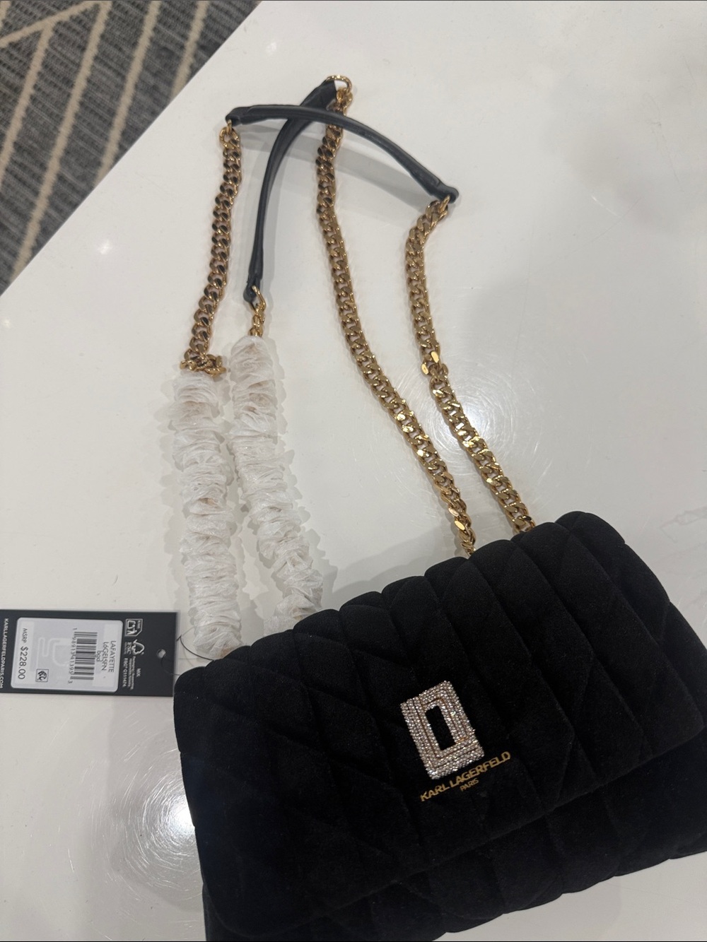 Karl Lagerfeld Black Quilted Velvet Shoulder Bag with Gold Chain
